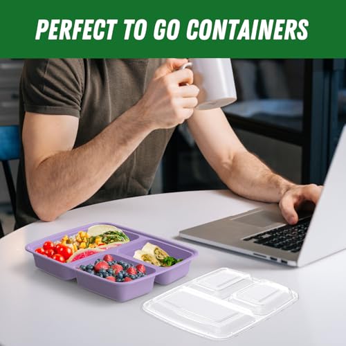 50 Pack (100-Piece) 32 oz Meal Prep Containers Reusable with Lids 3-Compartment, To Go Take Out Plastic Food Storage Containers, Sturdy Leakproof Food Safe, Microwave Freezer Dishwasher Safe, Lilac
