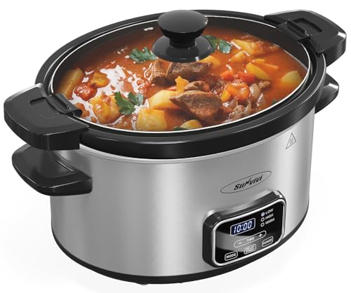 Sunvivi 4qt Slow Cooker, Programmable Slow Cooker with Locking Lid, Removable Ceramic Pot, 3 Heating Settings & Time Control, Mini Food Warmer with Dishwasher-safe Lid & Pot, Silver