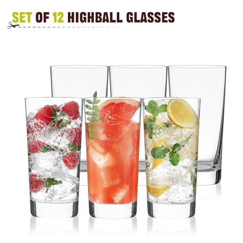 OUWO Highball Glasses Set of 12, 13oz Tall Drinking Glasses, Water Glass for Kitchen, Tom Collins Glasses, Mojito Glass Cups, Cocktail Glasses for Bar Glassware