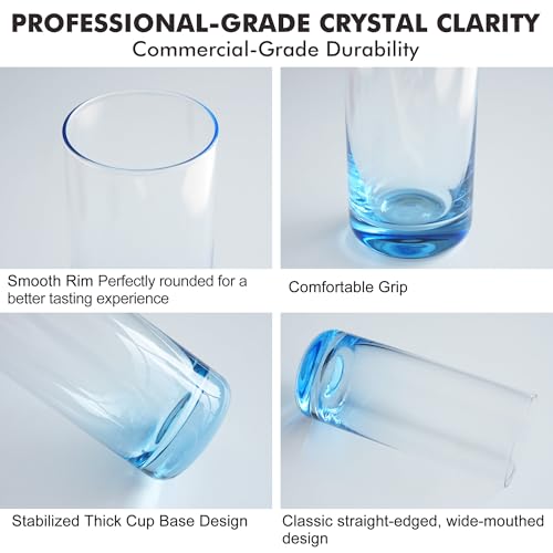 GLAZVIA Blue Highball Glasses Set of 6,13oz Drinking Glass Cups for Mixed Drink Cocktail, Beer, Mojito, Water and Juice,Thick Tall Crystal Glassware for Kitchen, Restaurant, Home Bar and Parties
