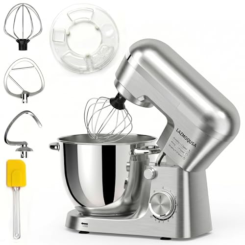 LAZMOQUSA 6in1 Stand Mixer with 6.5 Quart Bowl, 660W 10+p Speeds Kitchen Food Mixer Tilt-Head Bread Dough and Cake Mixers for Home Daily (Sliver)