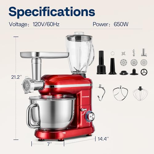 VIVOHOME 3-in-1 Stand Mixer, 6 Quart Electric Tilt-Head Kitchen Mixer with Bowl, Multifunctional Food Mixer with Meat Grinder and Blender Attachments, Dough Hook, Beater, and Whisk, Red