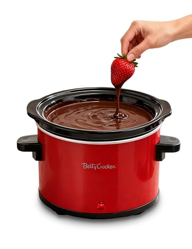 Betty Crocker 0.7-Quart Mini Slow Cooker, Chocolatier & Simmer Pot, Electric Pot with Removable Stoneware Crock, Cool Touch Handles, Tempered Glass Lid, Perfect for Fondue & Dips, BC-2555R, Red