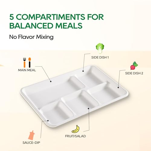 Turbo Bee Disposable 5 Compartment Plates, 100Pack Bagasse Divided Paper Trays, Heavy Duty Serving Plates for School Lunch, Meal Prep, Picnic and Buffet
