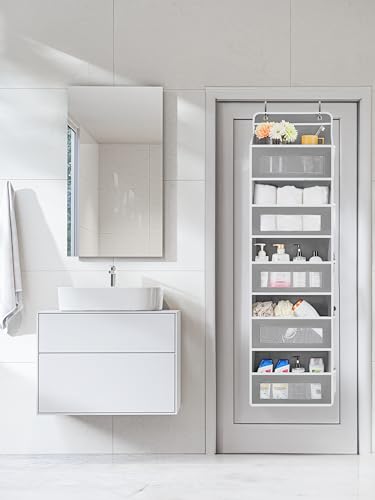 JARLINK Over The Door Organizer Storage, 5 Shelf Hanging Door Organizer with 5 Large Capacity Pockets, Anti Tilt 44 lb Load Behind Door Storage for Bedroom, Bathroom, Pantry, Nursery, (Grey)
