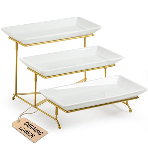 LAUCHUH 3 Tier Serving Tray, Porcelain Serving Platter Tier Serving Stand with Collapsible Sturdier Rack, Serving Trays and Platters Dessert Party Display Set for Father's Day, Gold, 12 Inch