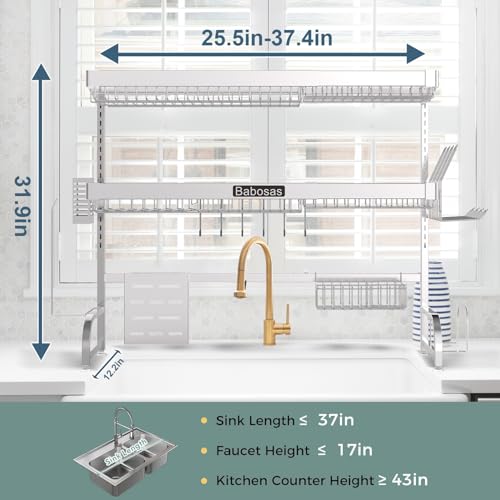Babosas Over The Sink Dish Drying Rack,3 Tier Adjustable Length (25.5'' to 37.4'') Full Stainless Steel Large Storage Kitchen Dish Rack,For Kitchen Counter Expandable Multifunctional Organizers,Silver