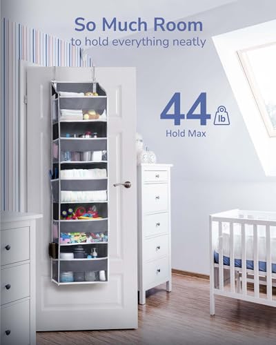 ULG 1 Pack Over Door Organizer with 5 Large and 10 Mesh Side Pockets, 44 lbs Weight Capacity Hanging Storage with Clear Window Kids Toys, Shoes, Diapers, Dark Grey, 5 Layers