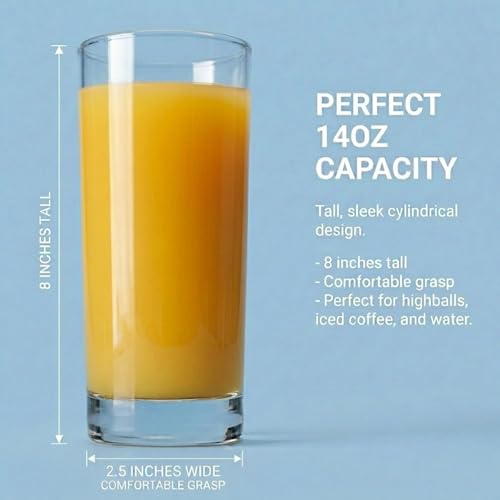 Godinger Highball Drinking Glasses, Italian Made Tall Glass Cups, Water Glasses Drinking Set, Cocktail Glasses - 14oz, Set of 4, Made In Italy