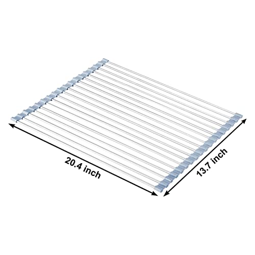 MECHEER Over The Sink Dish Drying Rack, Roll Up Dish Drying Rack Kitchen Dish Rack Stainless Steel Sink Drying Rack, Foldable Dish Drainer, Gray (20.4''x13.7'')