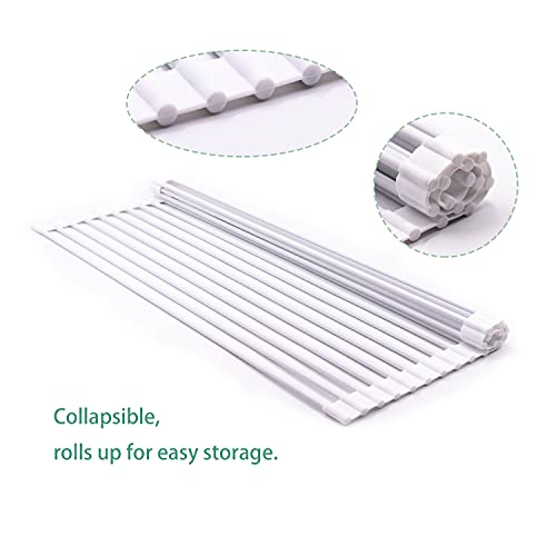 Bigdata&BetterLife Multi Purpose Roll Up Dish Drying Rack White Dish Drying Mat with Rack for Kitchen,Heavy Duty Foldable Silicone-Coated Stainless Steel Sink Dry Rack (White,20.5" x 13.1")