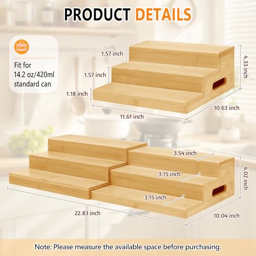 Aclema 2 Pack Bamboo Expandable Can Rack Organizer for Pantry, Stackable 3 Tier Canned Food Organizers and Storage, Kitchen Cabinet, Food Can Holders Dispensers for Pantry Up To 48 Cans