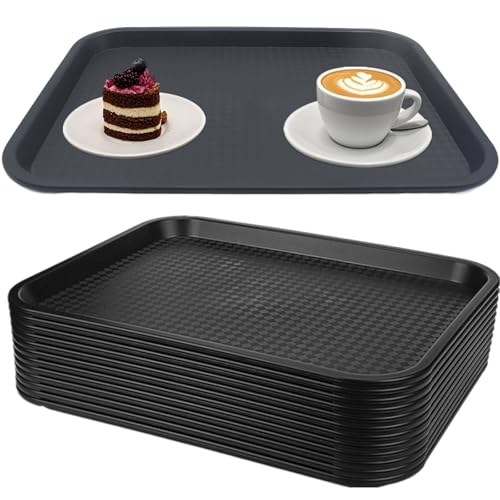 Zentriqlla 12 Pack Cafeteria Trays, 13 x 10 Inch Plastic Fast Food Serving Trays, Restaurant Black Stackable Serving Platter for Kitchen, Party, Dining