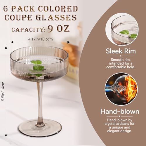 Cyrelwing Pastel Light Colored Coupe Glasses Set of 6 for spring summer|9 oz martini Glasses |Colorful Cocktail Glasses Set,Colored Coupe Glass,Champagne Coupe Glasses for Cocktail,Martini,Champagne