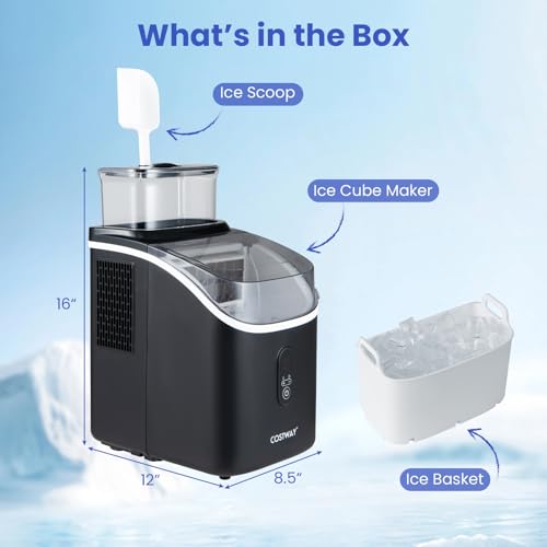 COSTWAY Countertop Ice Cube Maker with External Water Tank, 16Pcs Ready in 6 Mins, 34Lbs/24H Portable Ice Machine with 13 Thickness Levels, Self-Cleaning, 24H Reservation for Home Office Bar, Black