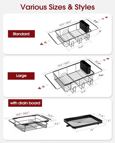 Sakugi Dish Drying Rack in Sink - Expandable Stainless Steel Dish Rack Over the Sink, Kitchen Sink Drain Strainer with Cutlery Holder & Cup Holders, 15.4 x 9.8 x 3.0 Inch, Black