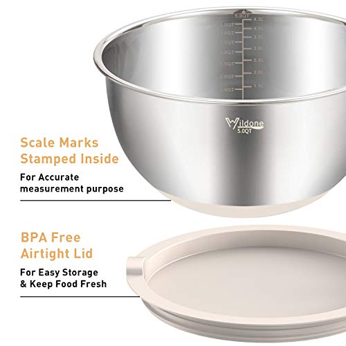 Wildone Mixing Bowls with Airtight Lids Set, 5PCS Stainless Steel Khaki Nesting Bowls for Kitchen, with Grater Attachments & Non-Slip Bottoms, Size 5, 3, 2, 1.5, 0.63 QT, Great for Mixing & Serving