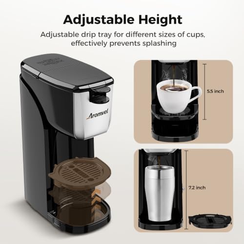Aromvel 2-in-1 Single Serve Coffee Maker for K Cup Pods & Ground Coffee, 6 to 14 oz Brew Sizes, Compact Small Brewer with Dual Buttons, Adjustable Drip Tray for Travel Mugs, Silver