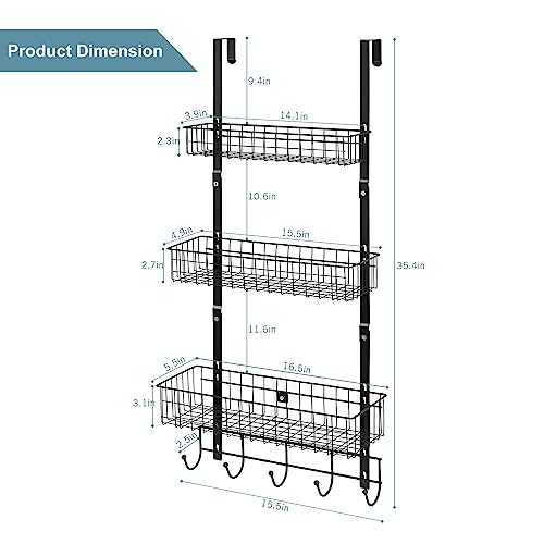 ETELI Over the Door Pantry Organizer 3 Tier Hanging Basket Back Door Storage Rack Shelf Metal Over the Door Shelves with 3 Baskets and 5 Hooks for Bathroom Kitchen Pantry Bedroom, Black