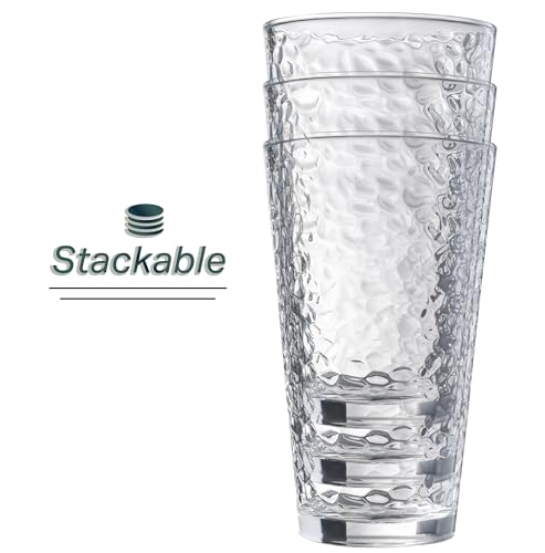 Le'raze Set of 10 Hammered Glass Cups, Clear Heavy Base Drinking Glasses