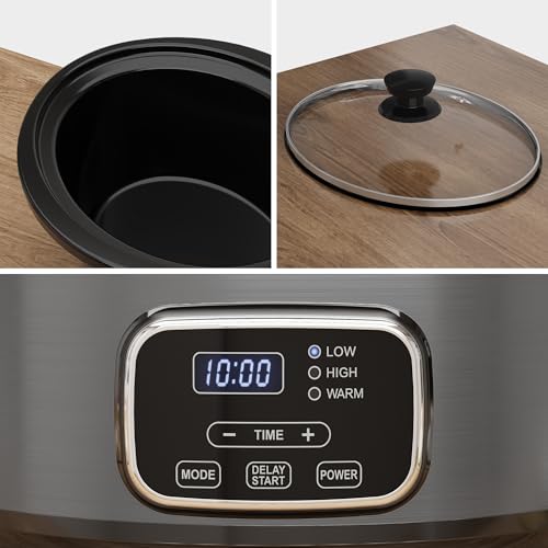 SUNVIVIPRO 4QT Programmable Slow Cooker with Locking Lid, Food Warmer with 3 Heating Settings & Adjustable Timer, Removable Ceramic Pot Dishwasher-Safe, Stainless Steel, Grey