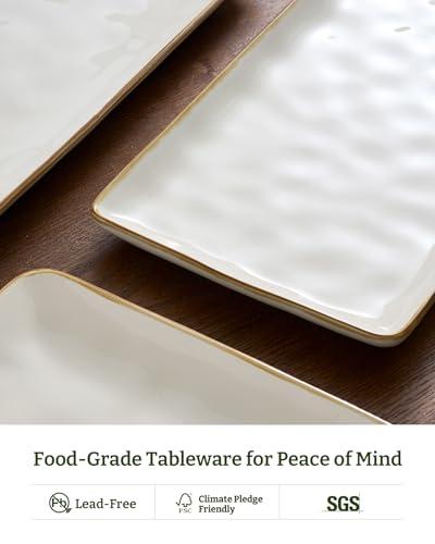 Famiware Serving Platter, Rectangular 15.67/14.1/12.6inch Serving Dishes for Entertaining, Microwave Dishwasher Safe, Stoneware Serving Trays for Party, Turkey, Cheese, Ocean Series, Vanilla White