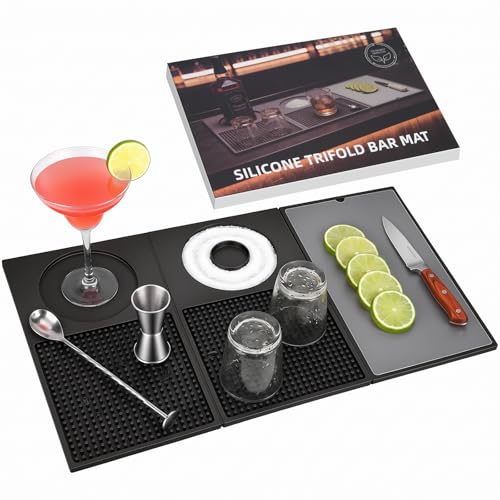 Dreamtop Bar Mat for Countertop - 3-Layer Multifunctional Foldable Silicone Cocktail Mat with Cutting Board, 22'' x 12'' Drying Mats, Bar Accessories for Home Bar Outdoor Picnic Camping Travel