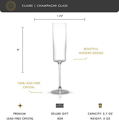 JoyJolt Champagne Flutes, Claire Collection Crystal Champagne Glasses Set of 2, 5.7 Ounce Capacity, Exquisite Craftsmanship, Ideal for Home Bar, Special Occasions – Made in Europe
