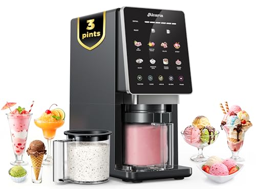Alcarin Ice Cream Maker with 3 Pints(Not Freezer) Homemade Slushie Gelato Yogurt Sorbet Frozen Treat Machine 10 Pre-set Program Respin & Mix-in