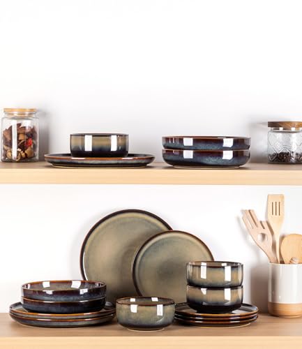 TheTerra Ceramic Dinnerware Sets for 4, 12 Pieces Handmade Reactive Glaze Plates and Bowls Set, Scratch Resistant Dish Set, Oven & Microwave & Dishwasher Safe
