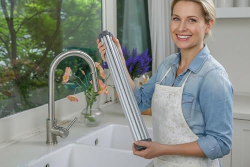 EZYROM Medium Aluminum Roll Up Dish Drying Rack (17" x 13") - Fits Sinks up to 16 Inches, Heavy Duty Square Bar, Rust-Proof & Heat Resistant with Removable Dish Holder (Purple Gray Medium)