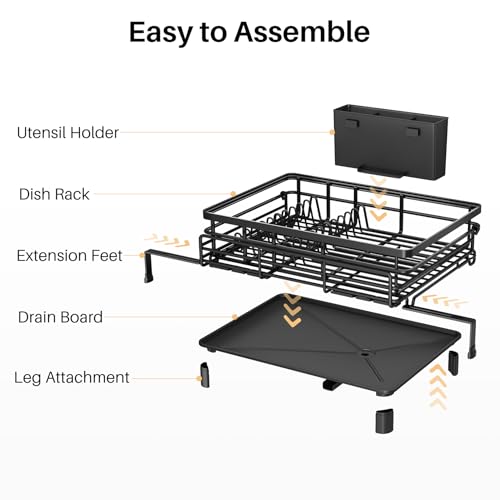 SNTD Dish Drying Rack - Extendable Dish Rack, Large Sink Drying Dish Drainer for Kitchen Counter, Stainless Steel Dish Strainer with Utensil Holder (Black)