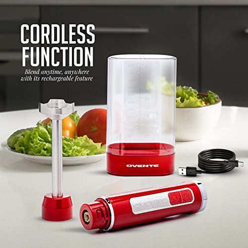 OVENTE Cordless Immersion Hand Blender, Rechargeable Handheld Portable Stick Mixer with 8 Mixing Speed Option, One-Touch Control and Stainless Steel Blades for Smoothies, Shakes or Soups, Red HR781R