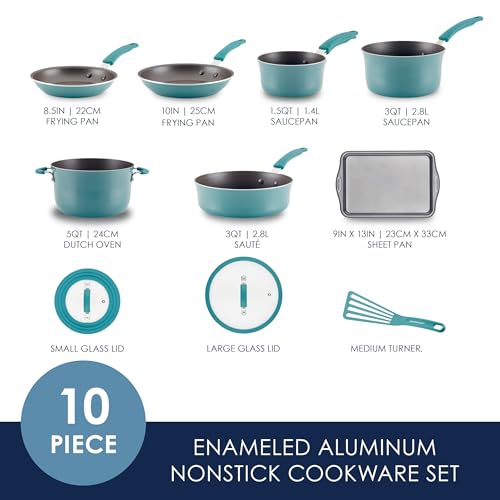 Rachael Ray Cook + Create Aluminum Nonstick Cookware Set, 10-Piece, Agave Blue