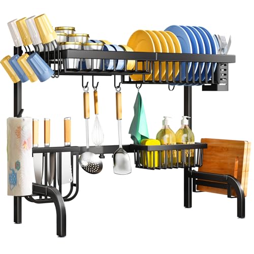 SAYZH Over the Sink Dish Drying Rack, Adjustable (25.5 to 33.5 inch) 2 Tier Metal Steel Dish Drying Racks for Kitchen Counter with Hooks Paper Towel Utensil Cup Holder Sink Caddy (Black)