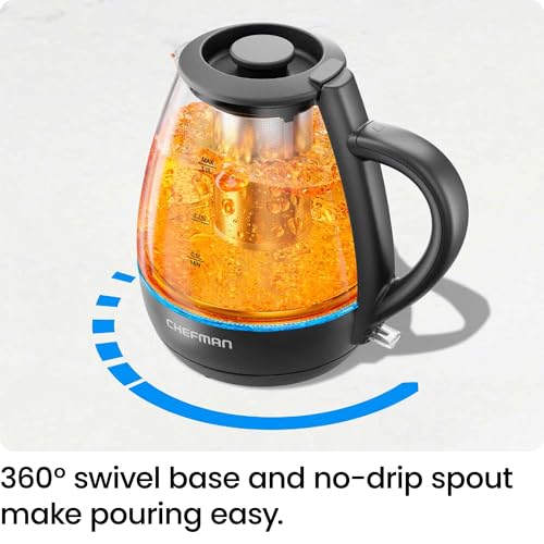 Chefman Electric Kettle with Tea Infuser, Compact 1L (4 Cups), 1500W, Removable Lid for Easy Cleaning, Boil-Dry Protection, Stainless Steel Filter, BPA Free, Auto Shut Off, Small Electric Tea Kettle