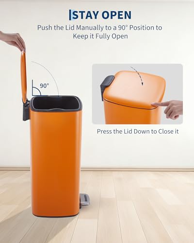 Garvee 8 Gallon Trash Can for Kitchen, Stainless Steel Garbage Can with Lid and Inner Bucket, Step-On Square Trash Bin for Home Office Bedroom Bathroom Laundry Room, 30 Liter, Orange