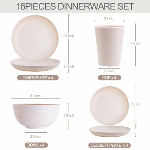 Rubtlamp Wheat Straw Dinnerware Sets, 16PCS Plastic Dinnerware Set for 4, Wheat Straw Plates and Bowls Sets, Unbreakable Dinnerware Plastic Microwave Safe Dishes Set for Kitchen&Camping