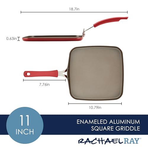 Rachael Ray Cook + Create Nonstick Stovetop Griddle/Grill Pan, Square, 11 Inch, Red