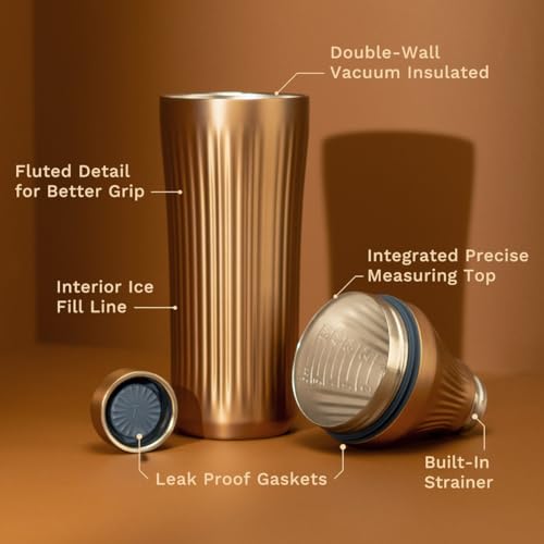 Elevated Craft Diamond Edition Hybrid Cocktail Shaker Set - Premium Vacuum Insulated Brushed Copper, 28 oz, Includes Built-in Strainer, Precise Measuring Top & XL Polishing Cloth - Martini Shaker