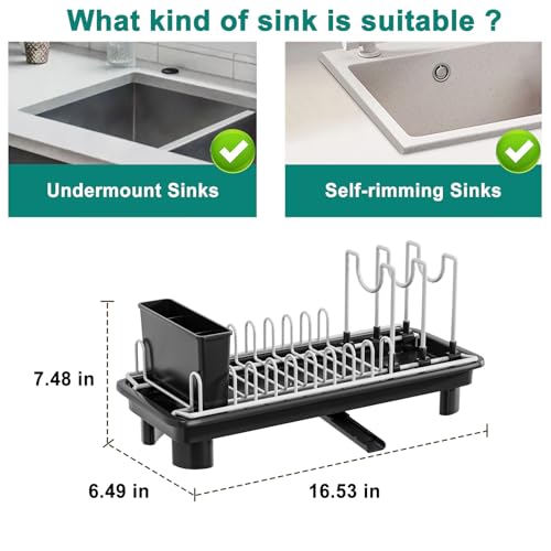 junyuan Compact Dish Drying Rack,Small Dish Rack for Kitchen Counter, Dish Drainer with 360° Rotatable Spout,Plate Rack, Dish Strainer with Cutlery Holder for Pots, Fork & Knives Space Saving