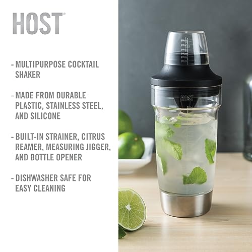Host All in One Cocktail Shaker Set with Measurements, Reamer, Bottle Opener, Strainer and Jigger for Cold Brew Cocktails, Home Bar, Bartending, Camping, Picnic, Outdoor Party, On the Go, 18 oz