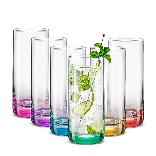 JoyJolt Hue Highball Glasses Set of 6 Tall Drinking Glasses, 13oz Bourbon Whiskey Glass Cups Set, Mojito Glass Tumbler also for Tom Collins Cocktail or Water, Colored Glassware Sets