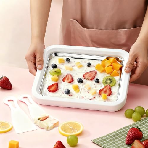 KeyDoors Rolled Ice Cream Maker with 2 Scrapers Food Grade Stainless Steel rolled ice cream tra for Frozen Yogurt/Slushie Birthday Gift Homemade DIY for Fun Parent-Child Activities Families (White)