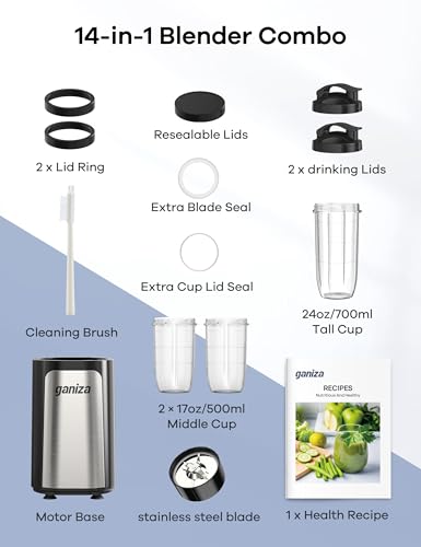 Ganiza Blender for Smoothies, 14Pcs Personal Blender for Shake and Smoothies for Kitchen with 3 Portable Cups (1x24oz & 2X17oz), Single Serve Smoothie Maker, Nutritious Recipe