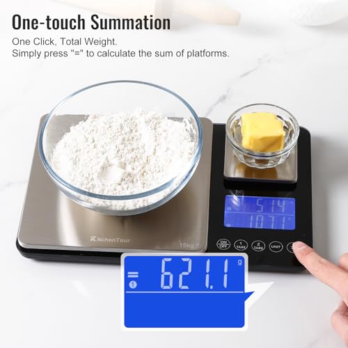 KitchenTour Digital Food Scale for Kitchen, 0.001oz/33lb Dual Platform Precision Smart Kitchen Scales Digital Weight Grams and Ounces for Home Cooking Baking Meal Prep Sourdough Bread, Stainless Steel