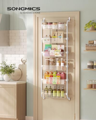 SONGMICS Over the Door Pantry Organizer, 6-Tier Kitchen Pantry Door Organizer with Adjustable Tall Baskets, Hanging Spice Rack, for Bedroom Bathroom Laundry Room, Transparent UKCS046WG01