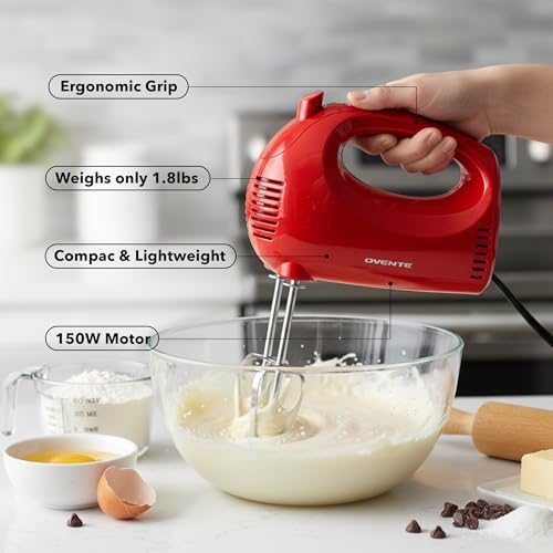 OVENTE 5-Speed Electric Hand Mixer with Storage Case,150W, Red HM151R