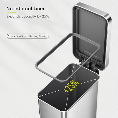 EKO Hudson Slim 50L / 13.2 Gallon Kitchen Trash Can with Lid, Stainless Steel Step Garbage Can for Kitchen or Home, Space-Saving Garbage Can with Soft Close Lid, Stay-Open, Liner Ring, Handle