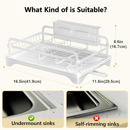 LIYI Dish Drying Rack for Kitchen Counter - Kitchen Dish Rack with Drainboard, Small Dish Drainer with Utensil Holder for Sink, 16.5" D x 11.6" W x 6.6" H, White